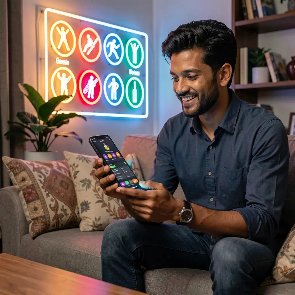 Focused Bangladeshi sports fan using the 789JL betting app at home with glowing cricket icons creating an immersive live betting mood