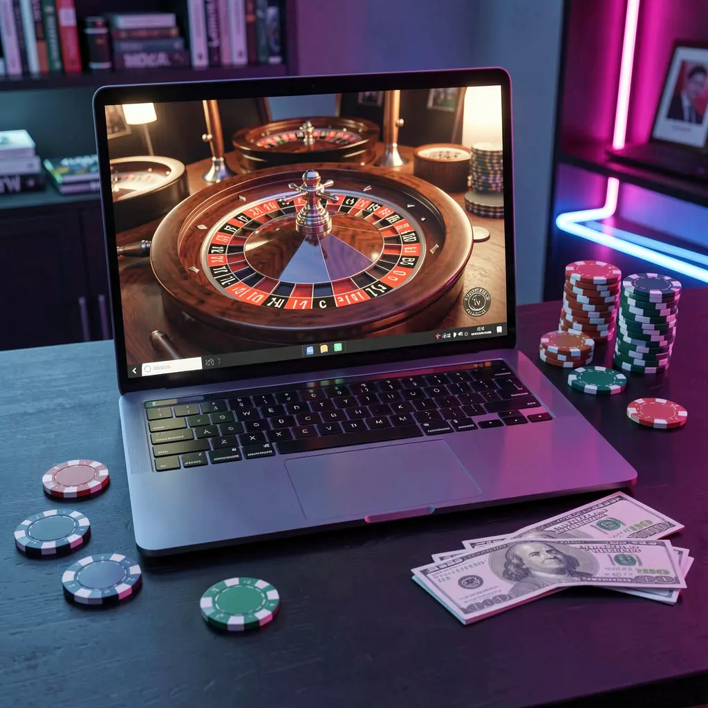 Modern online roulette gameplay on a laptop surrounded by casino chips and cash with neon lighting representing the immersive gaming atmosphere of 789JL casino in Bangladesh