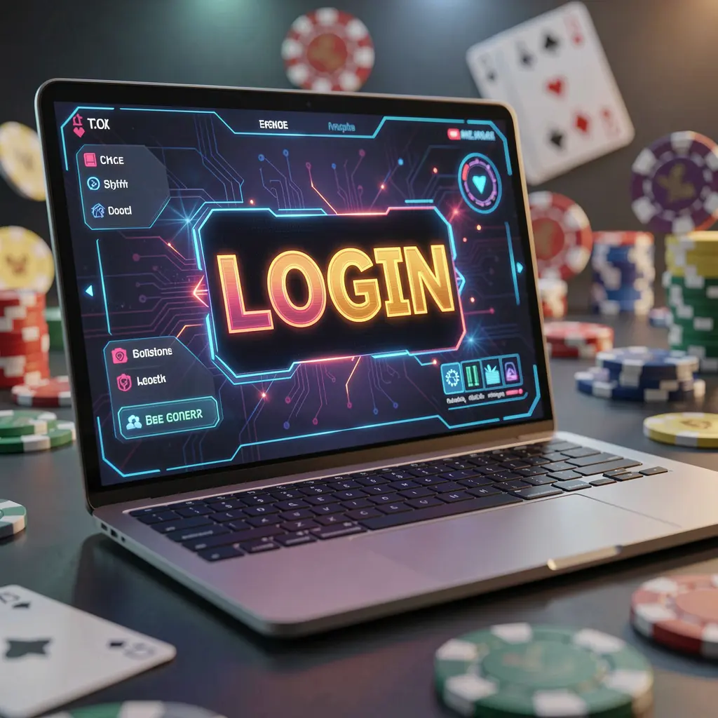 Modern laptop with a clear login interface surrounded by blurred casino chips representing secure access to 789JL in Bangladesh