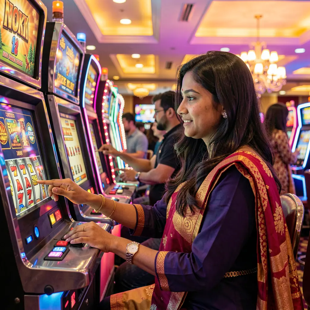 Focused Bangladeshi woman enjoying colorful slot machines at 789JL casino with bright lights and an exciting gaming environment